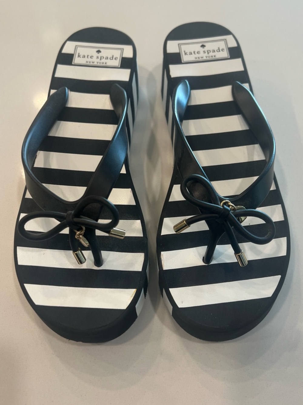 kate spade Black & White Striped Bow Flip Sandals - Size 10